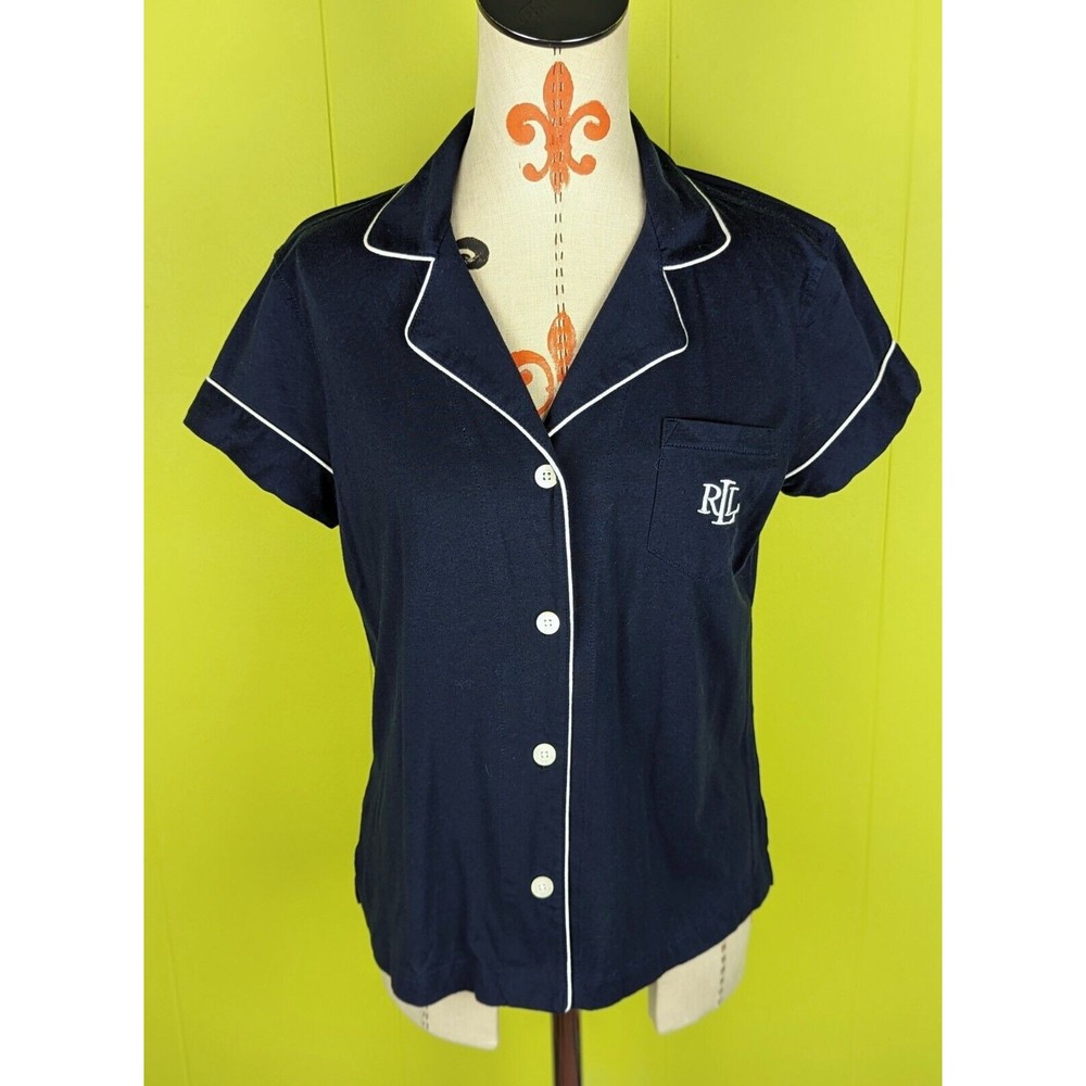 VTG Lauren Ralph Lauren Women's M Embroidered Logo Button Pajama Shirt Top Blue